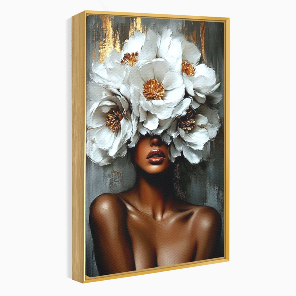 Tablou canvas cu tablou canvas portret femeie cu flori, in rama de aluminiu auriu